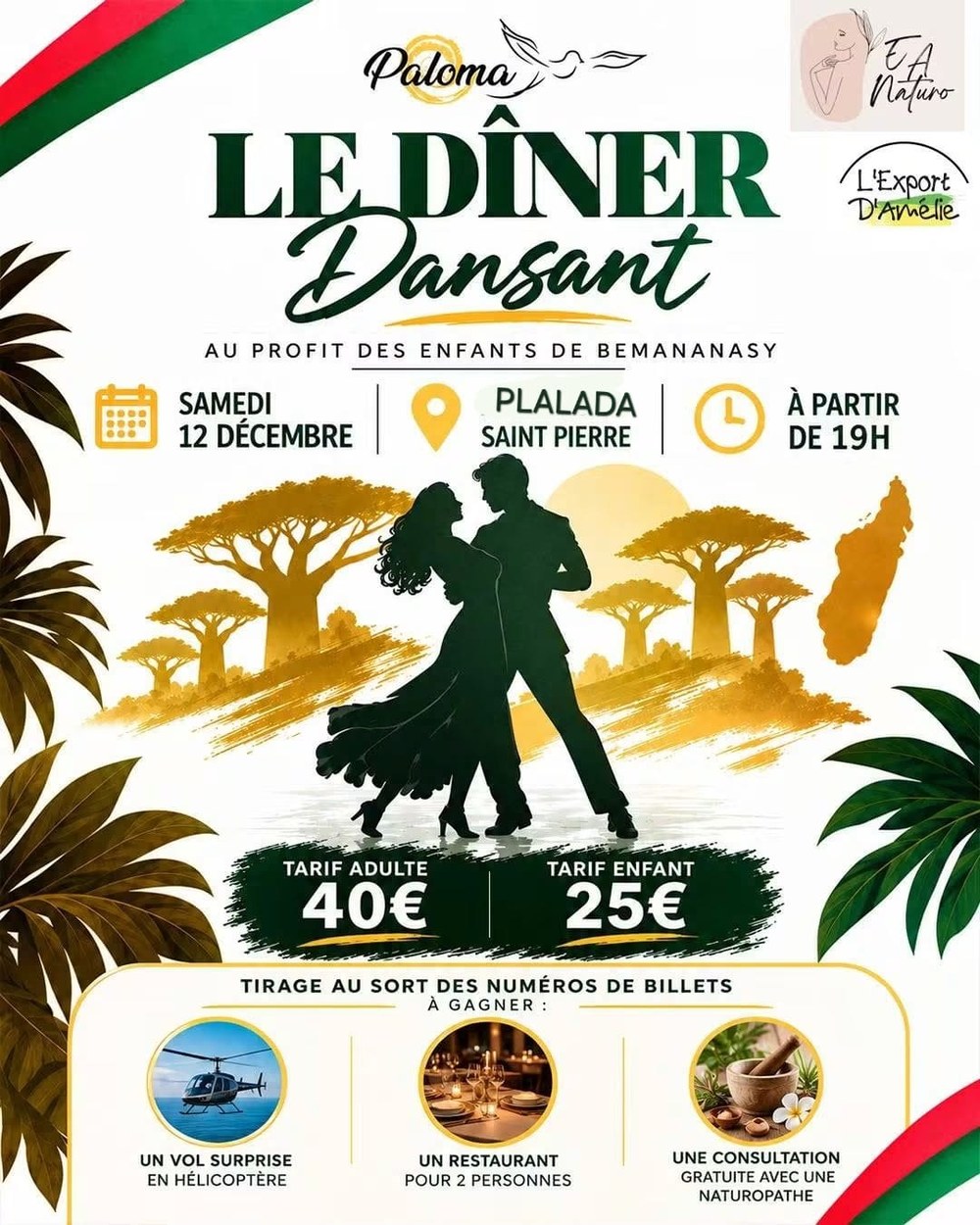 Affiche du dîner dansant au Plalada, Saint-Pierre, samedi 12 décembre à partir de 19h