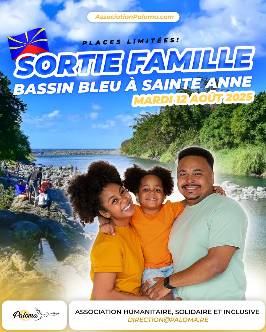 Affiche : sortie famille au Bassin Bleu, Sainte-Anne, 12 août 2025