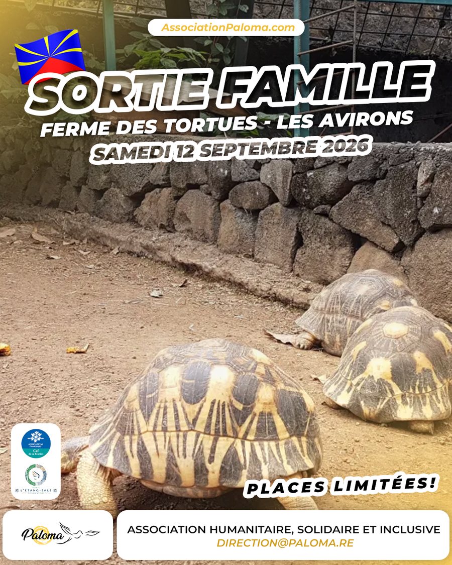 Affiche : sortie famille à la Ferme des tortues, Les Avirons, 12 septembre 2026