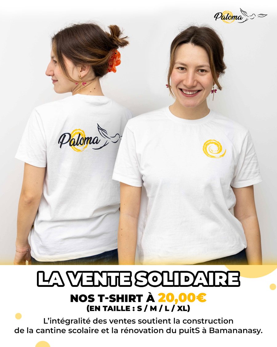 La vente solidaire : t-shirts Paloma à 20 euros, tailles S à XL, portés de face et de dos
